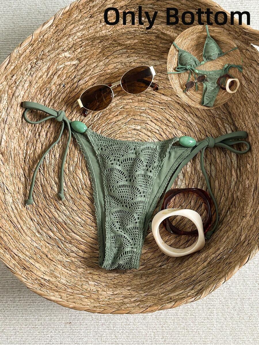 SHEIN Swim Army Green Tie Side Fabric Bikini Bottoms For Women - Army Green - View 1