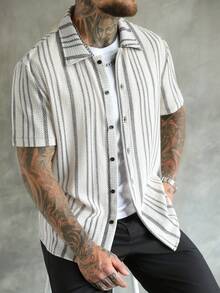 SLATEMANN 男士大尺碼條紋休閒度假襯衫 - 米色 - 查看 4