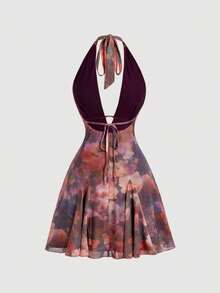 SHEIN MOD Vintage tropisches sexy bedrucktes Neckholder-Mini-Kleid mit Cut-out und Schleife, dunkelbraun, für Sommer, Herbst, Strandurlaub, Nachtausgang, Party, Country-Konzert, Blumenmuster - Verschiedenfarbig - Übersicht 6