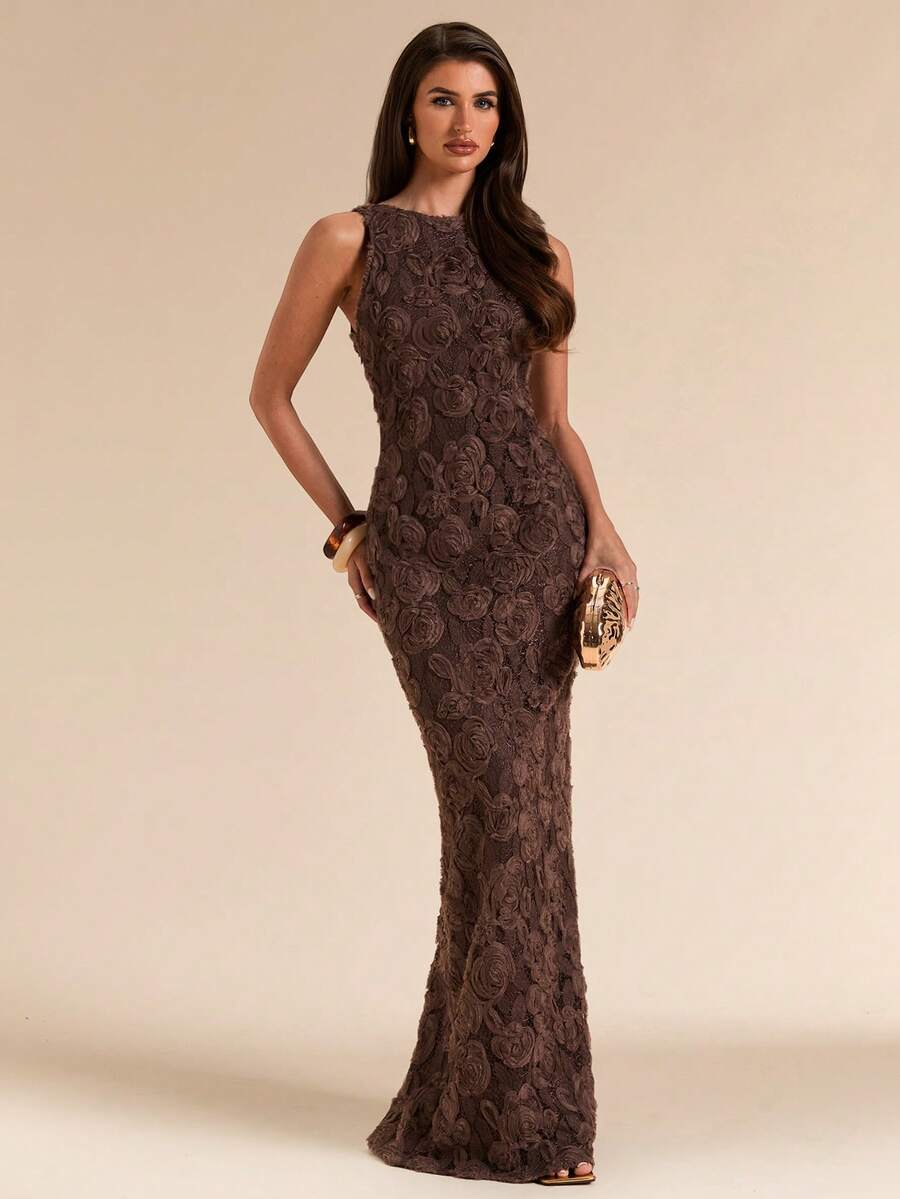 SHEIN BAE Spring Summer Brown Floral Jacquard Sleeveless Slim Fit Maxi Elegant Dress Dinner Party Date Wedding Guest Attire Cocktail Long Beach - Brown - View 1