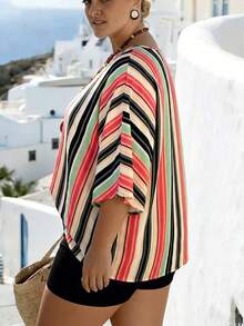 EMERY ROSE Camisa de talla grande estilo vacaciones con cuello en V, mangas murciélago y rayas, para cubrir el traje de baño en verano - Naranja - Ver 4