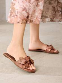 MOTF SANDALIAS PLANAS TIPO MULE SIN CORDONES DE MODA CASUAL PARA MUJER CON TEJIDO Y RELIEVE PARA NAVIDAD Y PRIMAVERA - Óxido marrón - Ver 6