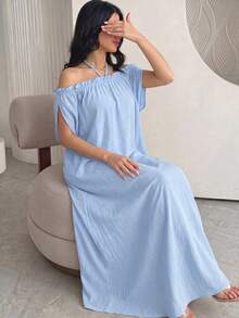 Yasmyna Off-Shoulder Tie-Up Blue Dress, Spring/Summer - Blue - View 2