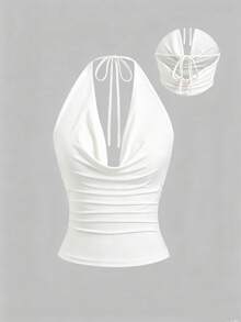 Sweetra Women's New Fashion Versatile Hollow Back Halter Neck Tank Top Knit Sweater Waist-Defining Top - White - View 1