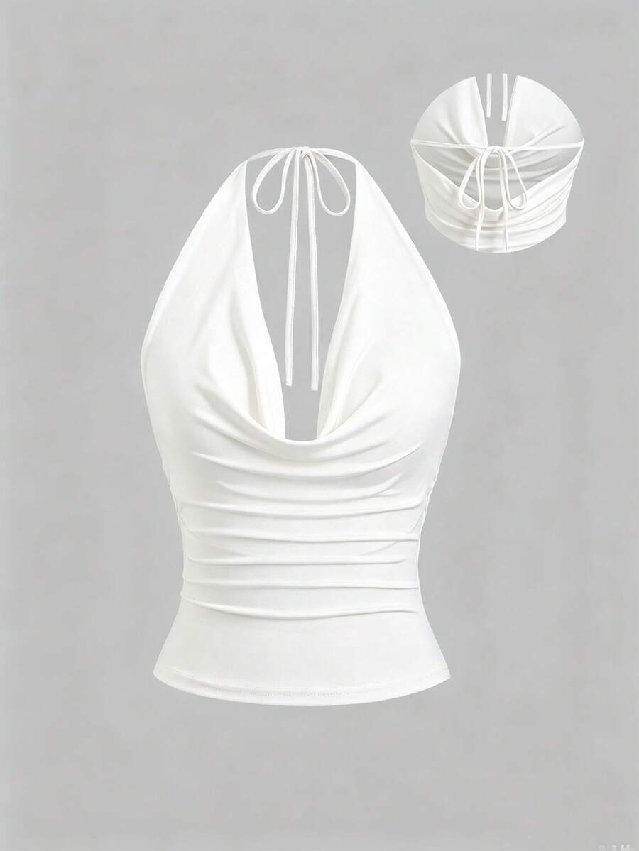Sweetra Women's New Fashion Versatile Hollow Back Halter Neck Tank Top Knit Sweater Waist-Defining Top - White - View 1