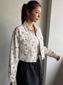 DAZY 女士碎花长袖单排扣休闲牛仔外套 - 白色 - 查看 5