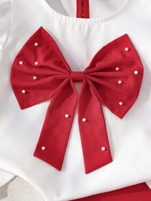 SHEIN 2件/套女童夏季短袖套裝，白色圓領上衣搭配紅色休閒長褲，3D蝴蝶結裝飾與手工珠飾，輕盈舒適套頭衫，適合年輕女孩夏季戶外玩耍、上學、休閒、度假等多種場合 - 紅色 - 查看 4