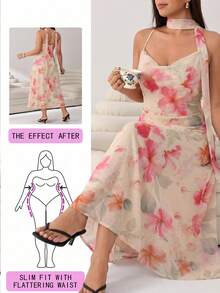 Solflare Gaun Cami Elegan Berkerah Ruffle Motif Bunga Ukuran Plus untuk Wanita, Liburan Musim Panas Warna Pink - MultiWarna - View 1