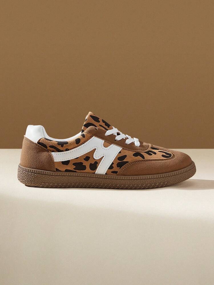 CUCCOO EASI Women's Lace-Up Leopard Print Round Toe Flat-Bottomed Casual Sneakers Casual Style Brown Leopard Print Casual Sneakers Daily Outdoor Leisure Sports