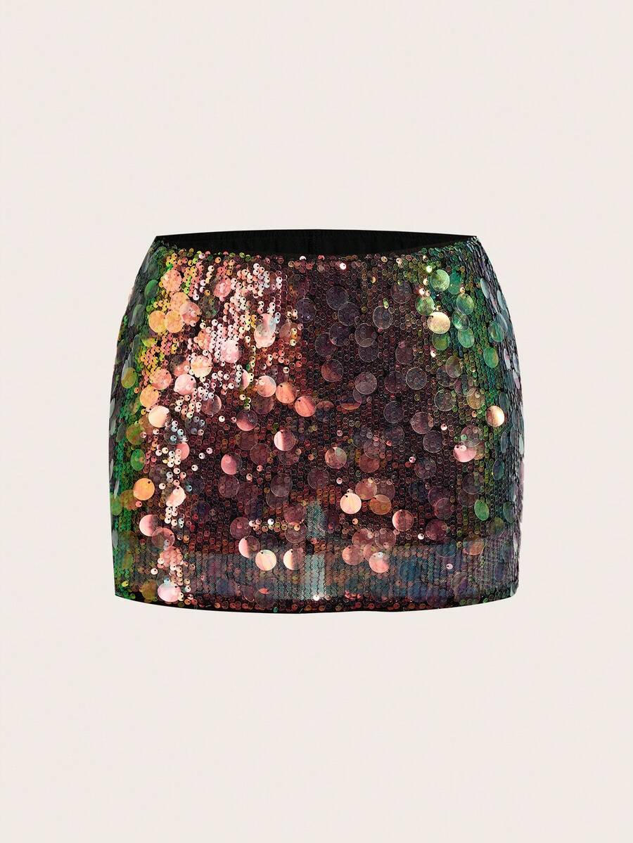 SHEIN ICON 黑色貼身高腰超短女款迷你裙 - 金色 - 查看 1
