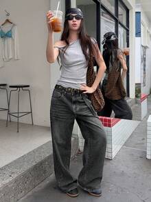 DAZY 女款水洗做舊星星水鑽裝飾寬鬆休閒性感度假夏季牛仔褲，適合游泳、馬卡龍色系、校園風 - 灰色 - 查看 4