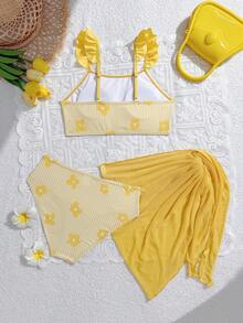 SHEIN Set Bikini Anak Perempuan Remaja Lucu dengan Pita Rajut Warna Pink Polos, Kain Jala Pink Berkerut, Kain Rajut, Set Segitiga, Baju Renang Modis Kasual Indah Elegan, Cocok untuk Berenang, Cocok untuk Liburan, Cocok untuk Musim Panas - Kuning - View 2