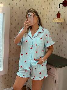 CottageSlumber Pink Heart Print Ruffle Collar Button-Down Short Sleeve Shorts Pajama Set Plus Size - Green - View 4