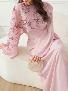 Veilorie Vestido de fiesta árabe elegante para mujer con diseño de chal, patrón floral de lentejuelas y cintura ceñida - Rosa - Ver 8