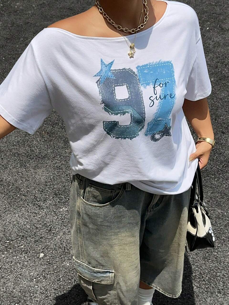 Dazy Plus Plus Size Women Loose Fit Numeric Print Asymmetrical Shoulder Short Sleeve Street Style White T-Shirt Graphic Tee