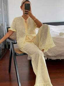 DAZY Women's Hollow Embroidery Front Lace-Up Short Sleeve Top And Pants Pajama Set - Yellow - View 6