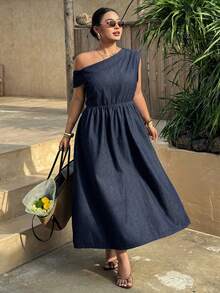 Dazy Plus Dark Wash Blue Vacation Style Off-Shoulder Cinched Waist Maxi Denim Dress, Casual For Plus Size Women - Dark Wash - View 5
