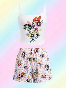 THE POWERPUFF GIRLS X SHEIN 女款卡通印花細肩帶上衣與短褲睡衣套裝 - 白色 - 查看 1