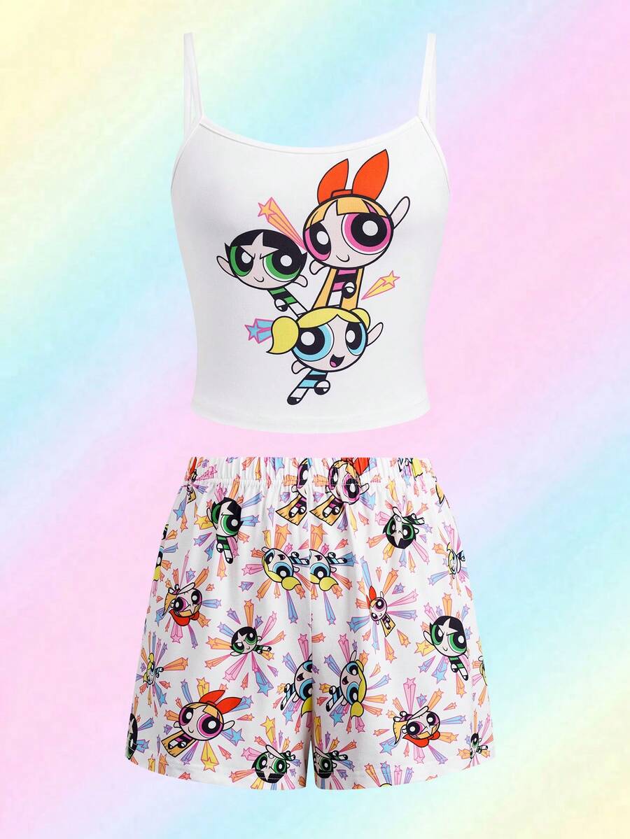 THE POWERPUFF GIRLS X SHEIN 女款卡通印花細肩帶上衣與短褲睡衣套裝 - 白色 - 查看 1