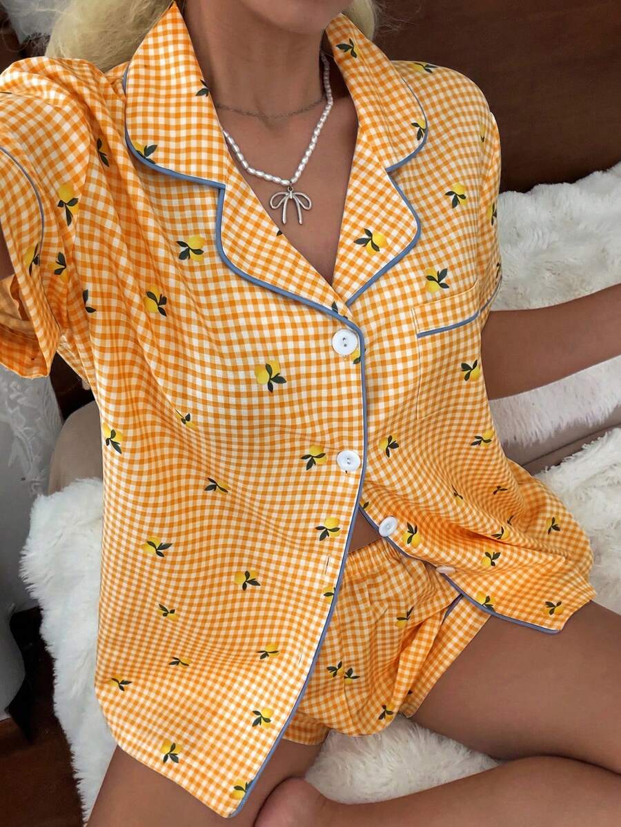 CottageSlumber Women's New Lemon Plaid Print Button-Down Short Sleeve Shorts Pajama Set - Orange - View 1