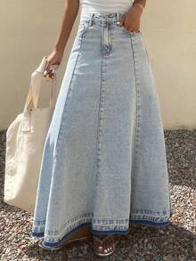 Livesso Tall Chân váy maxi denim nữ viền rách, kiểu dáng nghỉ dưỡng - Rửa nhẹ - Xem 7