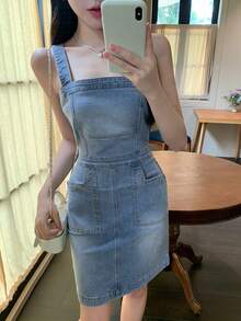 DAZY 女款短版吊帶休閒牛仔洋裝 女孩適用 - 中等水洗藍 - 查看 8