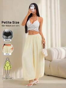 SHEIN PETITE Quần dài nữ màu trơn phong cách thường ngày đa năng xếp ly có túi dây buộc ống đèn bo gấu - Màu be - Xem 10