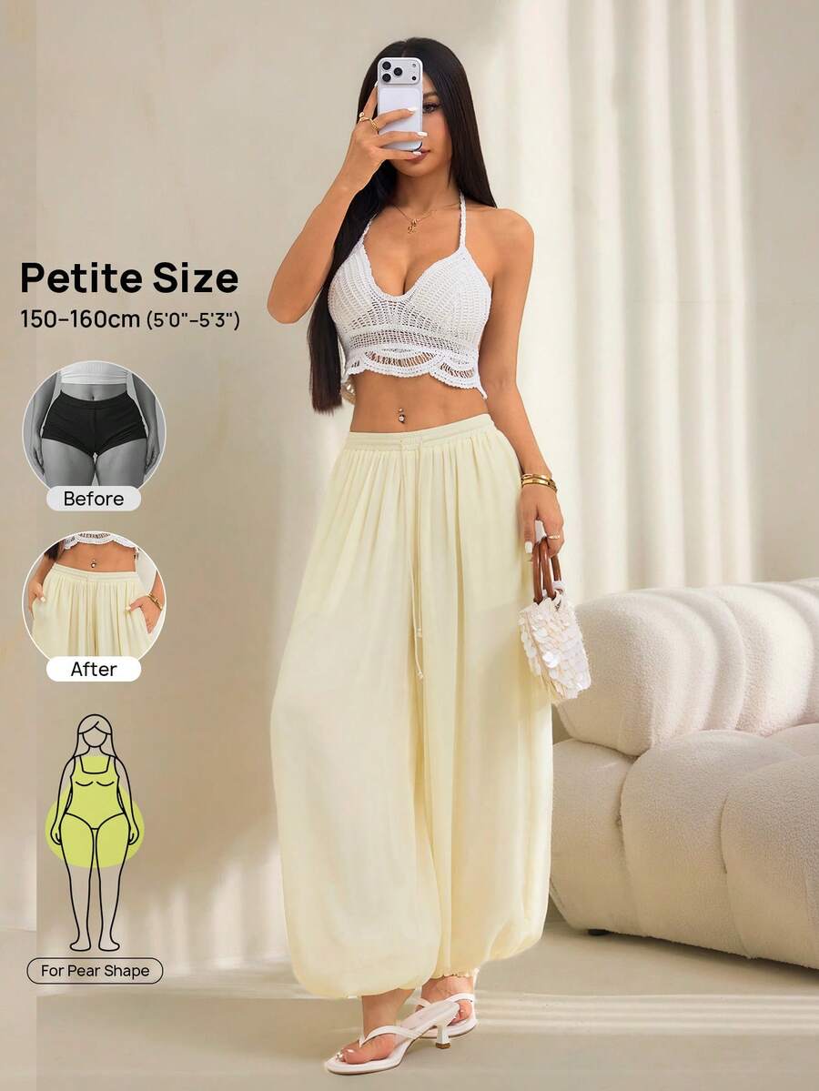 SHEIN PETITE 女款素色休閒百搭壓褶口袋綁帶燈籠袖口長褲