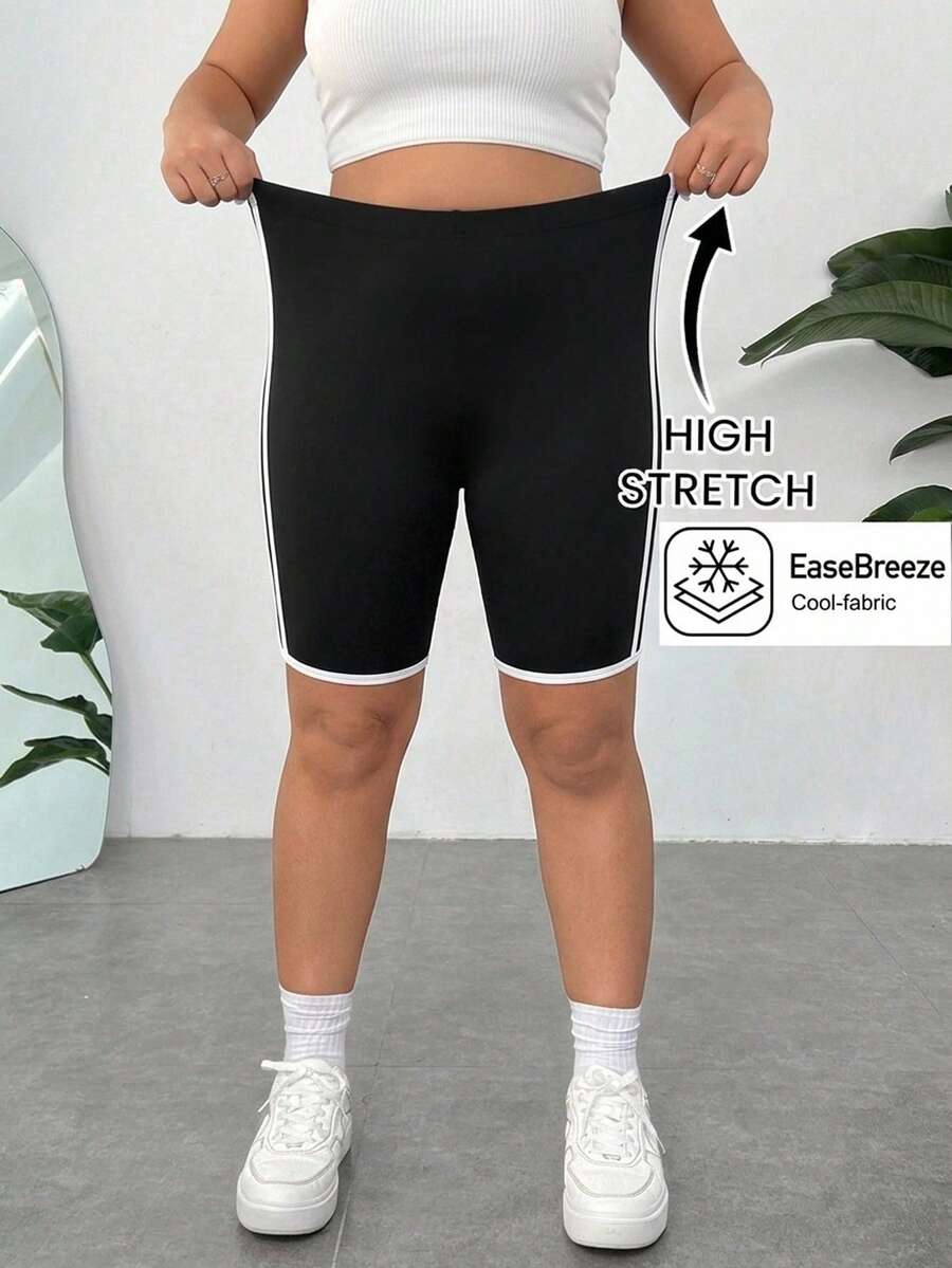 SHEIN EZwear 大尺碼女款下擺彈性腰休閒基本款短褲 - 黑色 - 查看 1