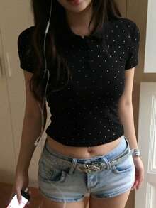 DAZY 春夏亮片黑色圓領基本款音樂節情人節婚禮休閒街頭戶外度假海灘優雅通勤短袖女款T恤 - 黑色 - 查看 9