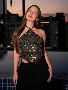 Duda Rubert 女款夏季新款波希米亞度假沙灘裝 露背掛脖細肩帶背心 特殊珠飾布料 極短款 外出穿搭 黑色 - 黑色 - 查看 1