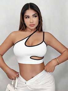 SHEIN SXY 大尺碼夏季性感對比飾邊鏤空單肩上衣 - 黑與白 - 查看 4
