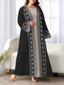 SHEIN Najma 白色花卉卷轴图案加大码女士优雅阿拉伯风格长袍，春夏时尚长袖开衫长款外套，印花黄棕色长袍，亚洲服饰 - 彩色 - 查看 3