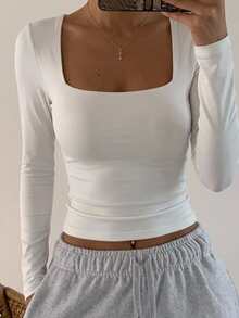 DAZY Women's Autumn Simple Solid Color Square Neck Fitted Long Sleeve T-Shirt Cute Tops - White - View 4