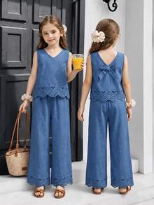 Young Girl Top Set,V-Neck Burn-Out Pattern Bowknot Sleeveless Top&Wide-Leg Pants Summer,Matching,Family Vacation,Holiday Outfits - Blue - View 10