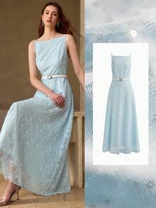 MOTF PREMIUM VESTIDO LARGO ELEGANTE DE ENCAJE CON LENTEJUELAS PARA MUJERES - Celeste - Ver 6