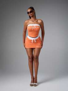 BABYPHAT Towelling Strapless Bandeau Tube Top With Logo Embroidery And Tie Detail Summer Crop - Orange - View 3