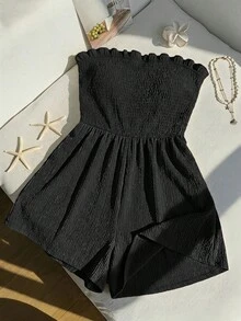 SHEIN EZwear 女款大尺碼夏季黑色休閒純色荷葉邊飾抓皺抹胸式連身褲 - 黑色 - 查看 1