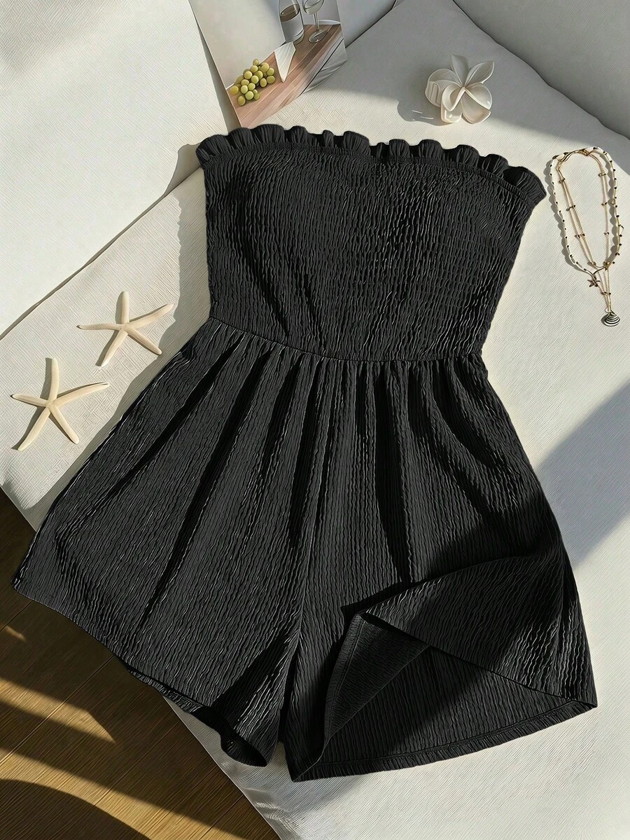 SHEIN EZwear 女款大尺碼夏季黑色休閒純色荷葉邊飾抓皺抹胸式連身褲 - 黑色 - 查看 1