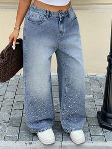 Dazy Plus Plus Size Women Casual Loose Fit Rhinestone Decor Waist Jeans, Streetwear, Suitable For All Seasons - Medium Wash - View 6