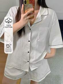 Dazy Plus Color Block Casual Loose Short Sleeve Shirt Top And Shorts Pajama Set, Plus Size Women Spring/Summer Sleepwear - White - View 1