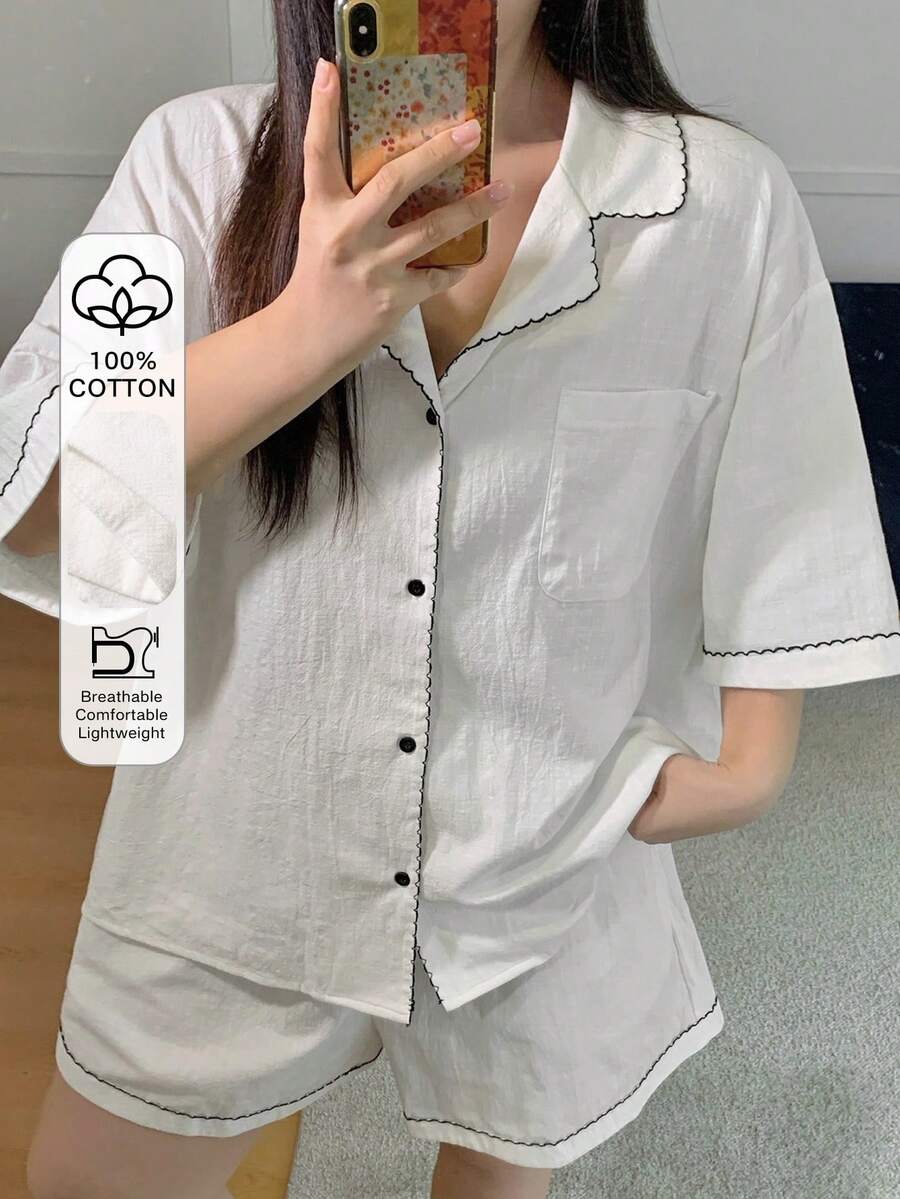 Dazy Plus Color Block Casual Loose Short Sleeve Shirt Top And Shorts Pajama Set, Plus Size Women Spring/Summer Sleepwear - White - View 1