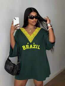 Maweii Plus Size Casual Sports Lace Patchwork Color Block Letter Print T-Shirt - Multicolor - View 3