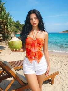 Sweetina 度假風不對稱下擺印花掛脖女款背心上衣 - 橘色 - 查看 4
