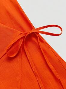 Vesra Women's Summer Lace-Up V-Neck Asymmetrical Shirt - Orange - View 5