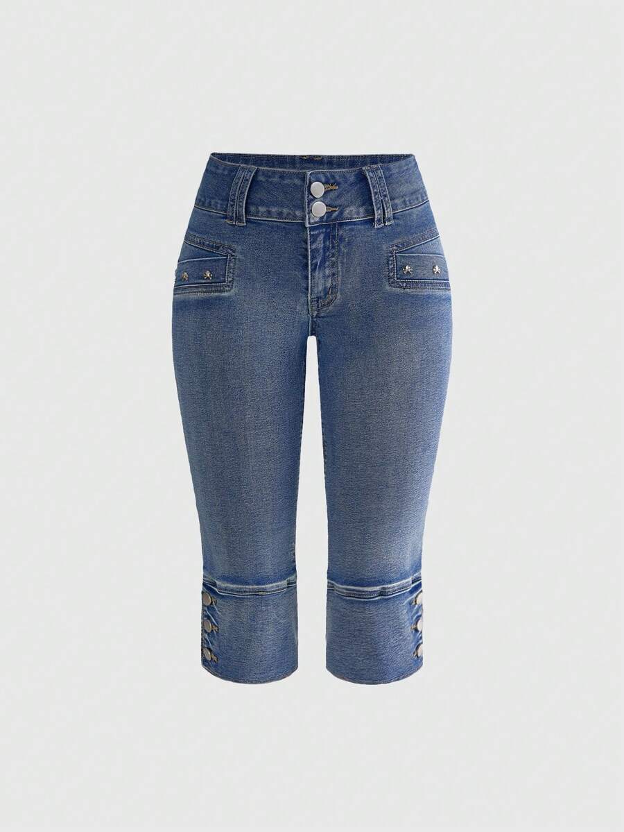 ROMWE Grunge Punk Summer Outfits Vintage Y2K Sexy Ultra Low Waist Denim Capri Pants - Baby Blue - View 1
