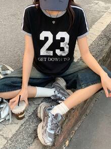 DAZY 女款對比色字母膠帶裝飾修身休閒街頭風運動短袖夏季圖案T恤，適合校園 - 黑色 - 查看 4
