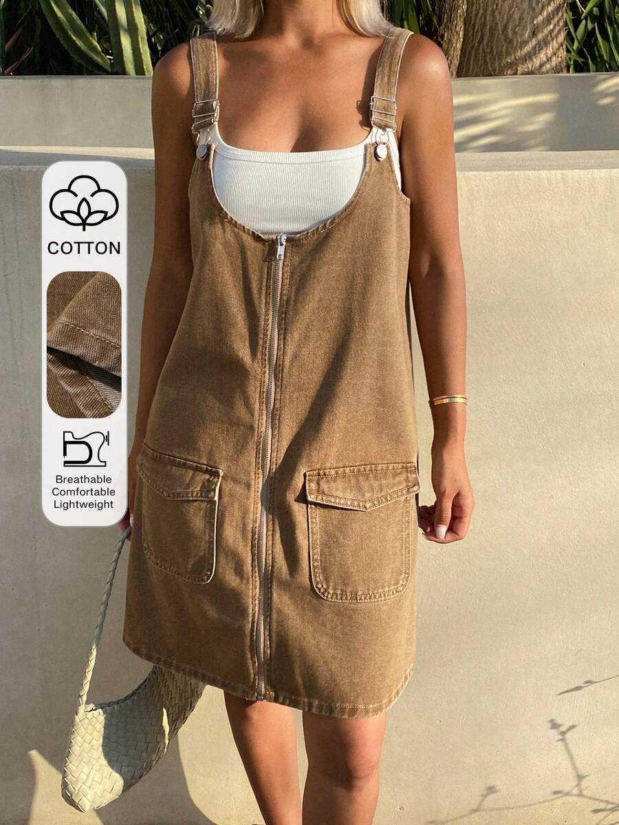 DAZY 女款V領短吊帶牛仔休閒街頭風度假洋裝 - 棕色 - 查看 1