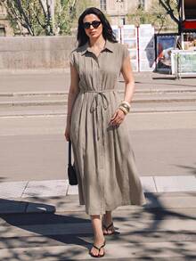 Maija Plus Size Women's Brown Summer Smart Casual Shirt Dress Solid Color Pleated Waist Tie Button Down Vacation Holiday Elegant Office Work Midi Dresses - Khaki - View 1