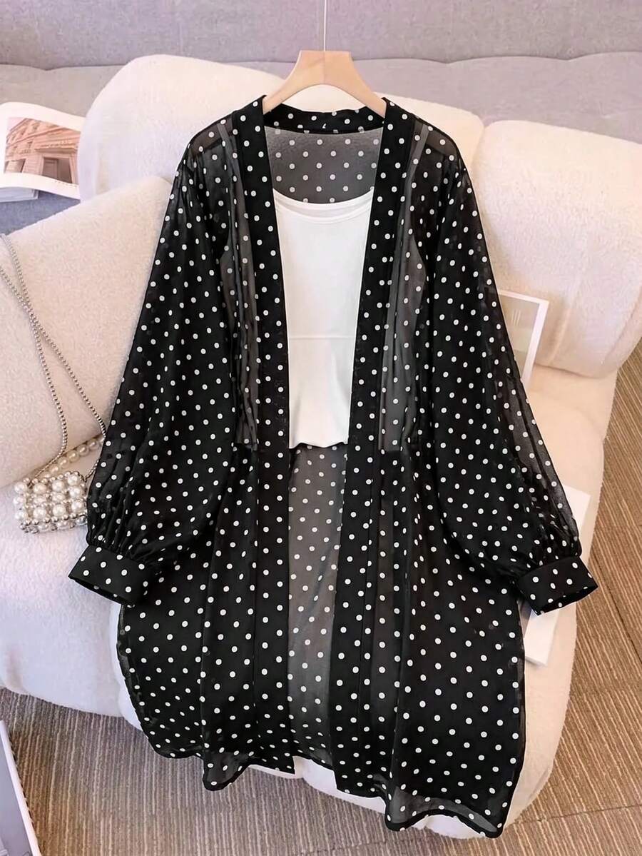 SHEIN LUNE كارديجان خريفي رقيق بأكمام طويلة أسود مفتوح من الأمام مقاس كبير رسمي للمكتب روديو أنيق - أبيض وأسود - مشاهدة 1